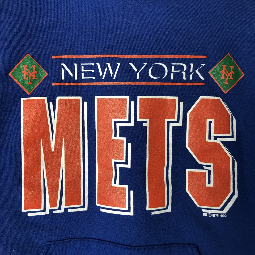 80s-90'S Russell MLB New York Mets sweatshirt pullover hoodie, Made in USA, Men's size L equivalent, Vintage cotton blue type Vintage Second Hand