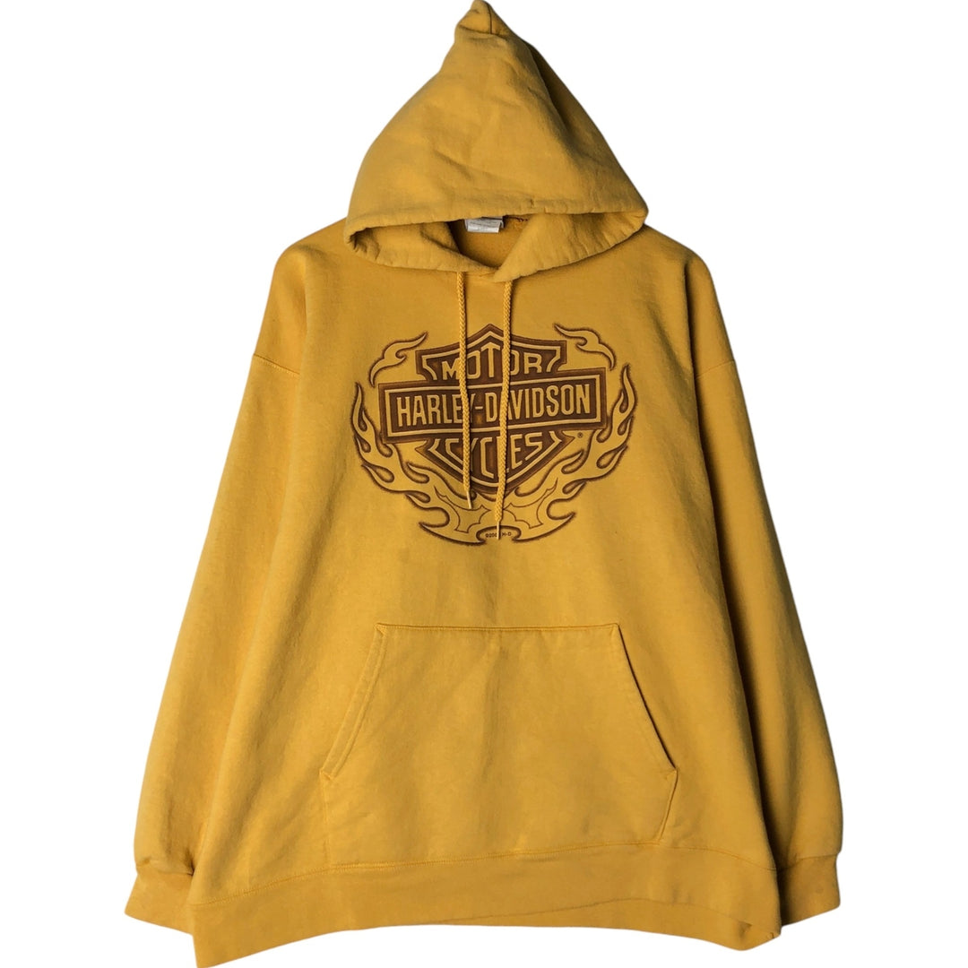 00'S Harley Davidson Fire Pattern Advertising Sweat Pullover Hoodie Men's L size cotton yellow type Vintage Second Hand