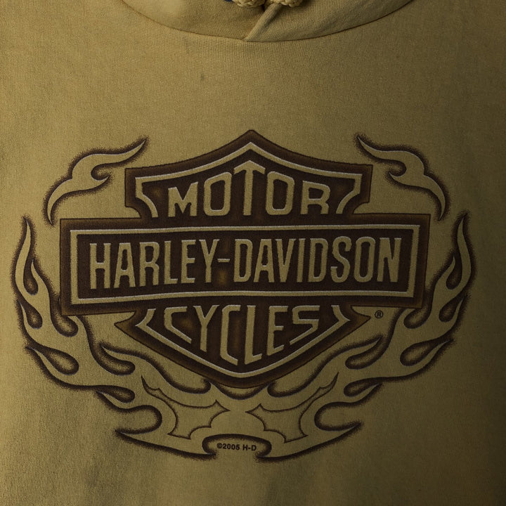 00'S Harley Davidson Fire Pattern Advertising Sweat Pullover Hoodie Men's L size cotton yellow type Vintage Second Hand