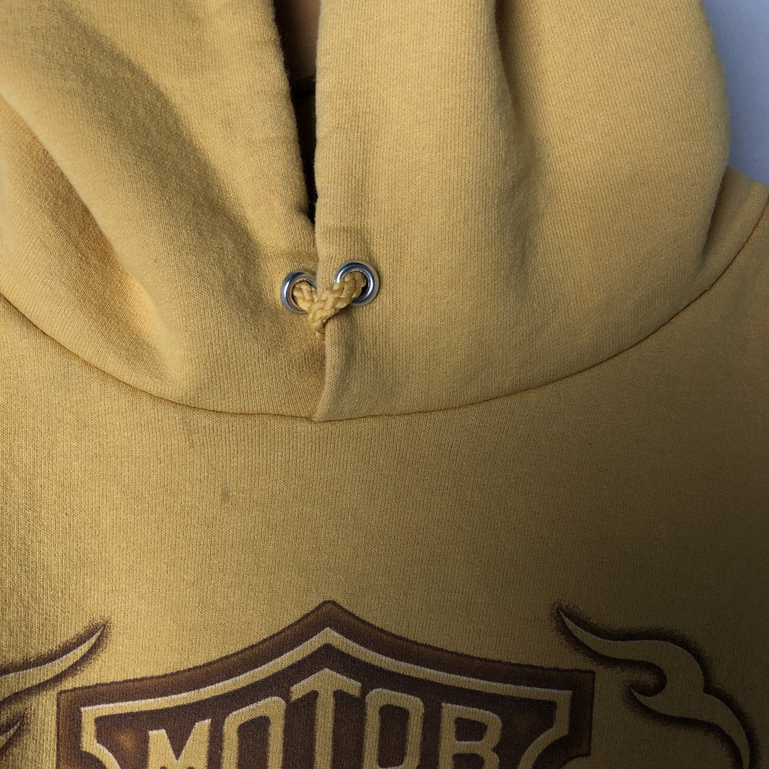 00'S Harley Davidson Fire Pattern Advertising Sweat Pullover Hoodie Men's L size cotton yellow type Vintage Second Hand