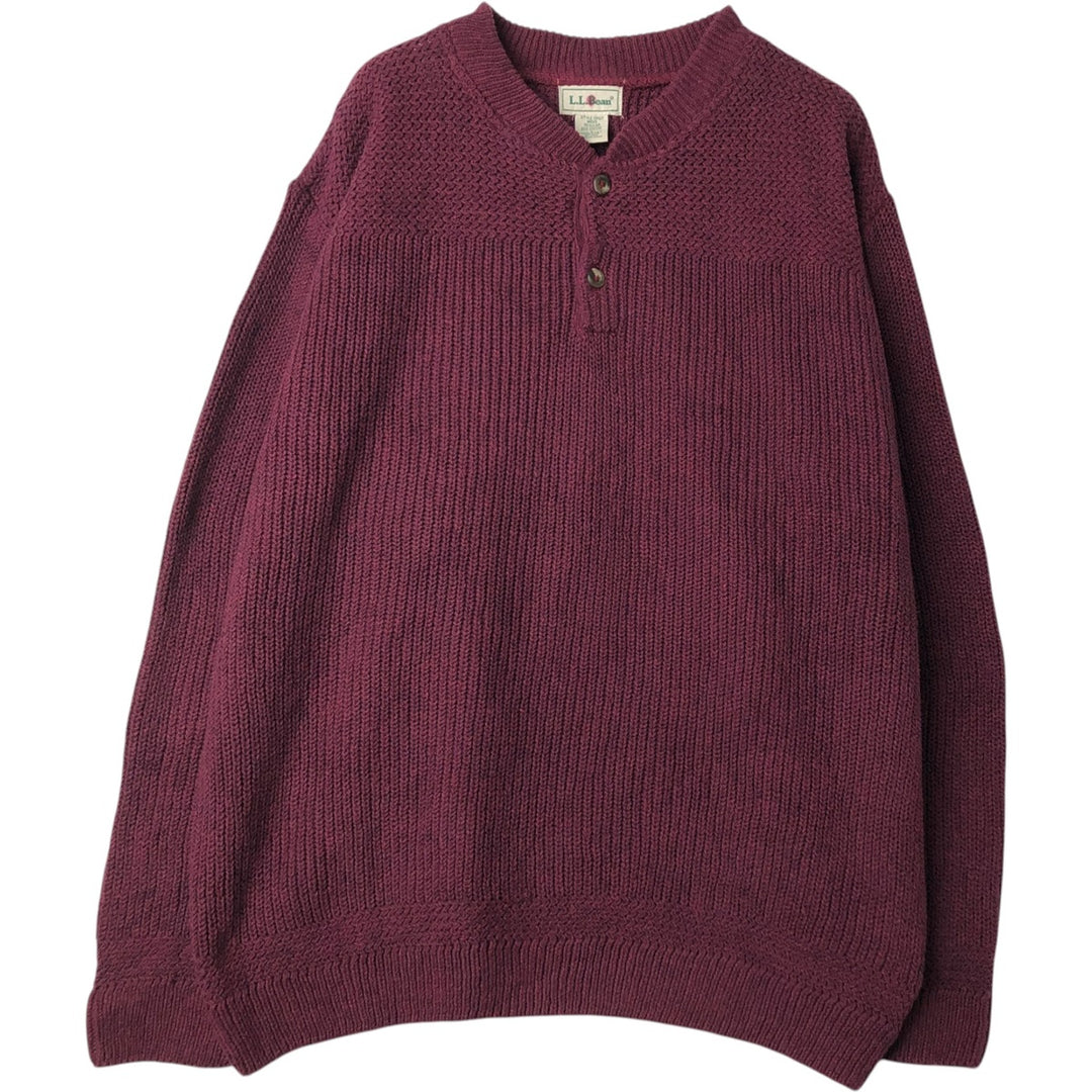 90'S LL Bean Henley Neck Cotton Knit Half-Button Sweater, Made in USA, Men's Size L (Equivalent), Vintage cotton burgundy type Vintage Second Hand