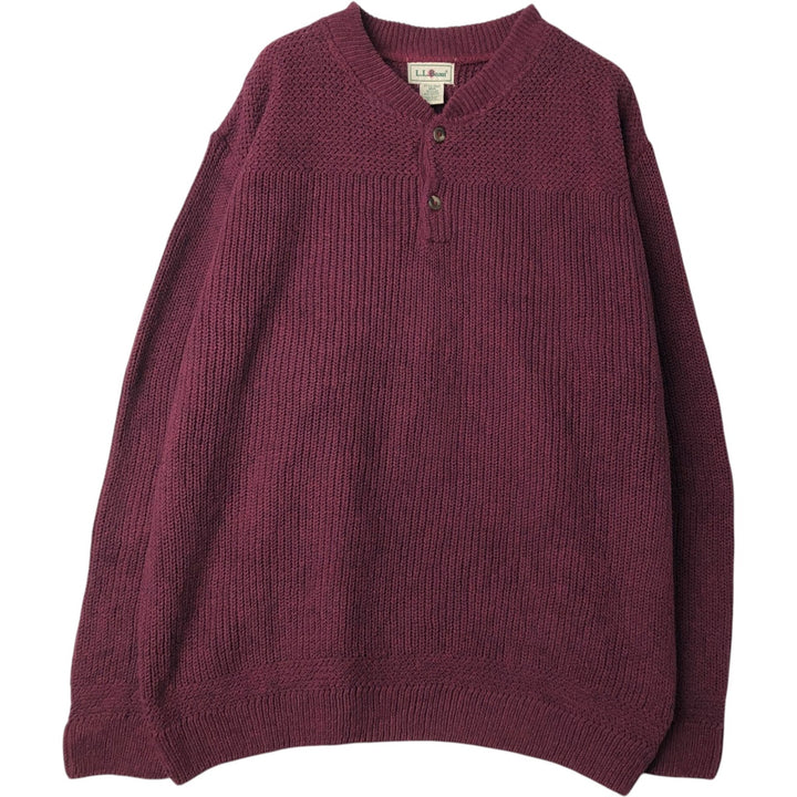 90'S LL Bean Henley Neck Cotton Knit Half-Button Sweater, Made in USA, Men's Size L (Equivalent), Vintage cotton burgundy type Vintage Second Hand