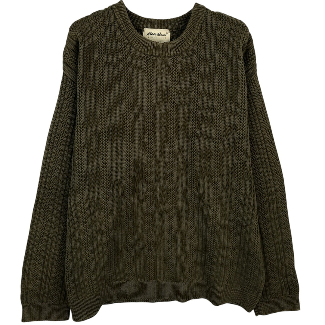 90s-00'S Eddie Bauer Cable Knit Cotton Sweater, Men's Size M (Equivalent), Vintage cotton Khaki type sage green Vintage Second Hand
