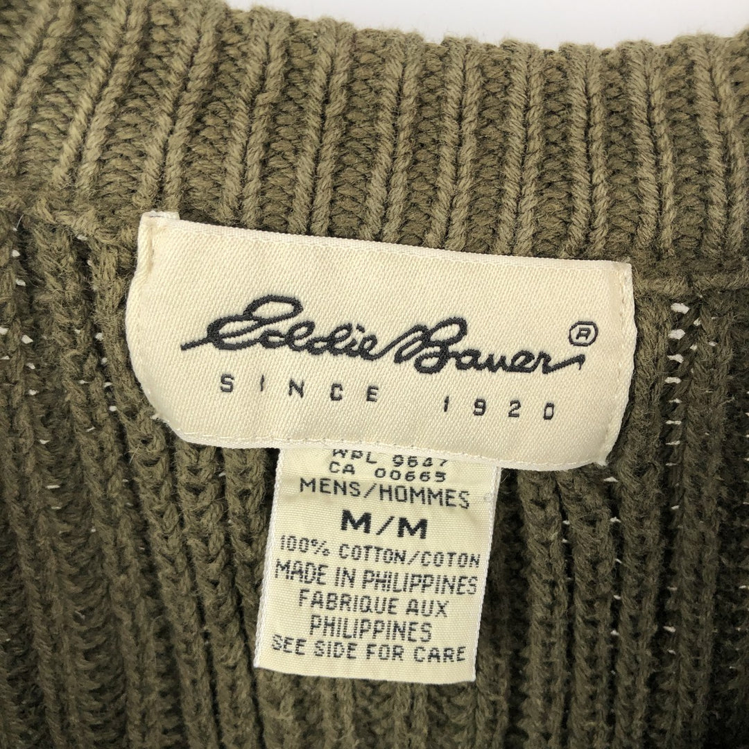 90s-00'S Eddie Bauer Cable Knit Cotton Sweater, Men's Size M (Equivalent), Vintage cotton Khaki type sage green Vintage Second Hand