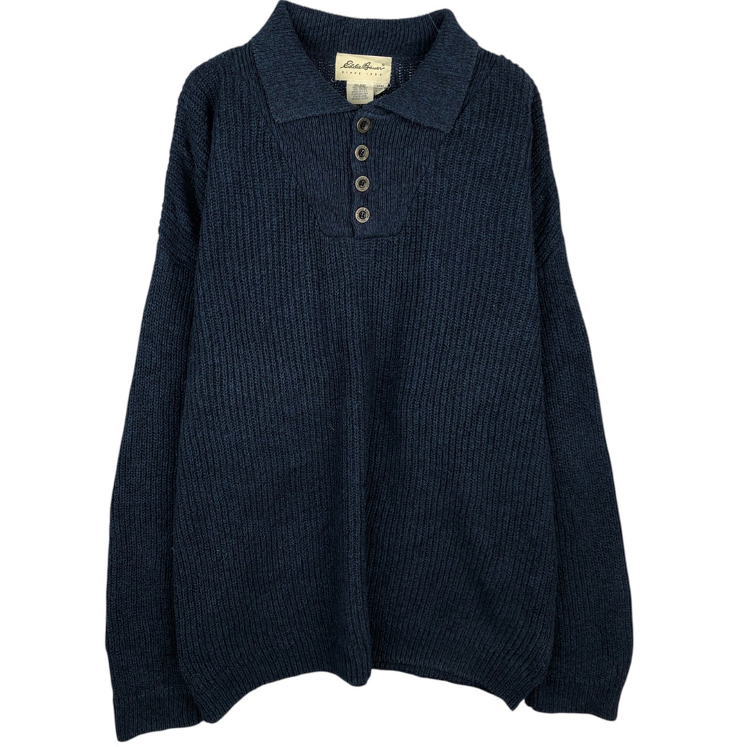 1990'S Eddie Bauer Rib-Knit Polo Sweater, Made in USA, Men's Size L (Equivalent), Vintage cotton Navy blue Vintage Second Hand