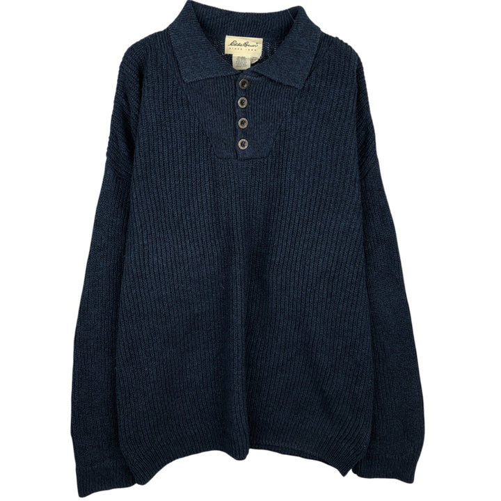 1990'S Eddie Bauer Rib-Knit Polo Sweater, Made in USA, Men's Size L (Equivalent), Vintage cotton Navy blue Vintage Second Hand