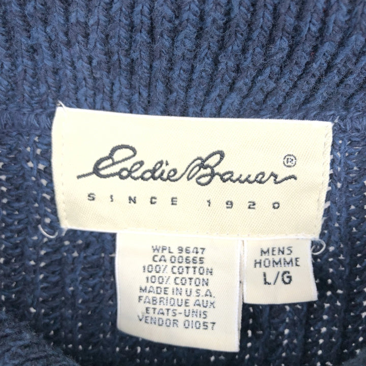 1990'S Eddie Bauer Rib-Knit Polo Sweater, Made in USA, Men's Size L (Equivalent), Vintage cotton Navy blue Vintage Second Hand