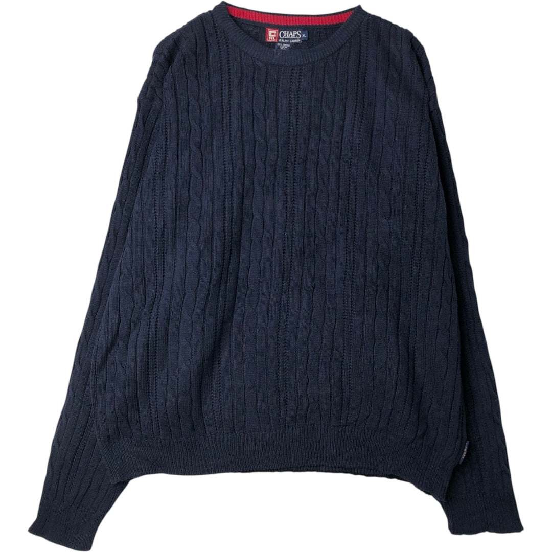 1990'S Ralph Lauren Chaps Cable Knit Cotton Sweater, Made in USA, Men's Size XL (approx.), Vintage cotton navy blue type Vintage Second Hand
