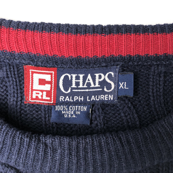 1990'S Ralph Lauren Chaps Cable Knit Cotton Sweater, Made in USA, Men's Size XL (approx.), Vintage cotton navy blue type Vintage Second Hand