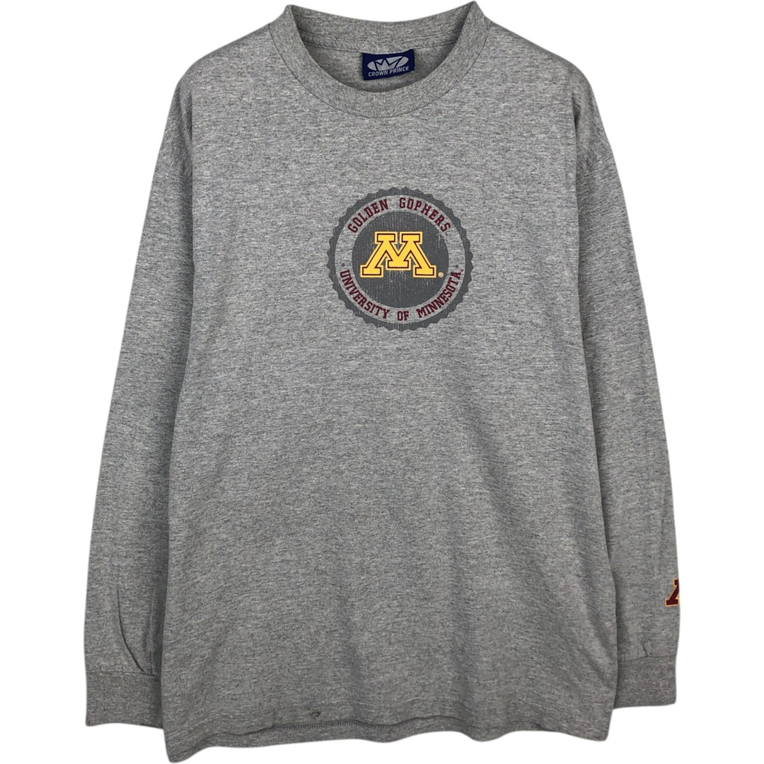 CROWN PRINCE MINNESOTA University of Minnesota College Long-Sleeve T-Shirt (Men's Size L) cotton gray type Vintage Second Hand