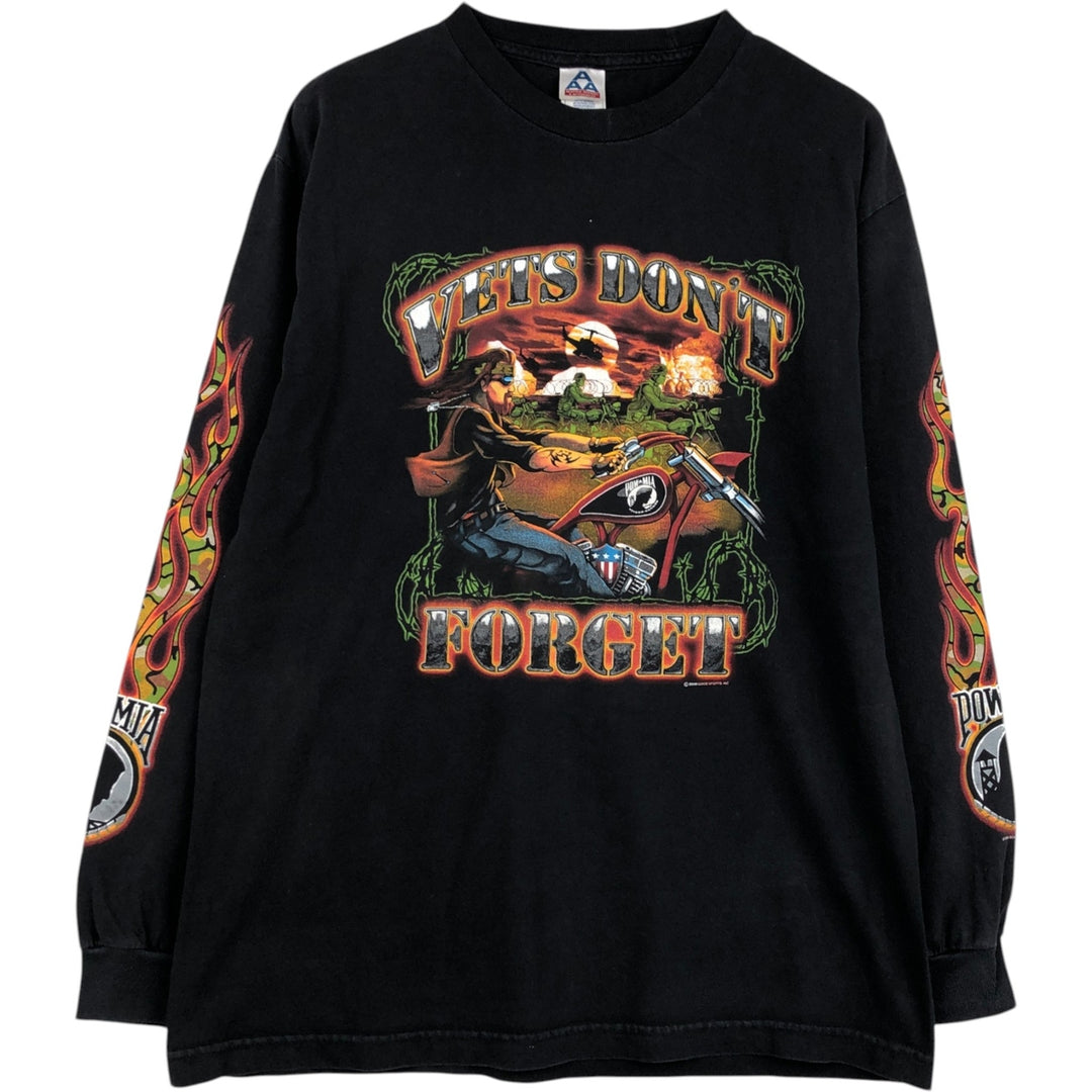 90s-00'S ALSTYLE Fire Pattern Motorcycle Long T-Shirt (Men's Size L) cotton black type Vintage Second Hand