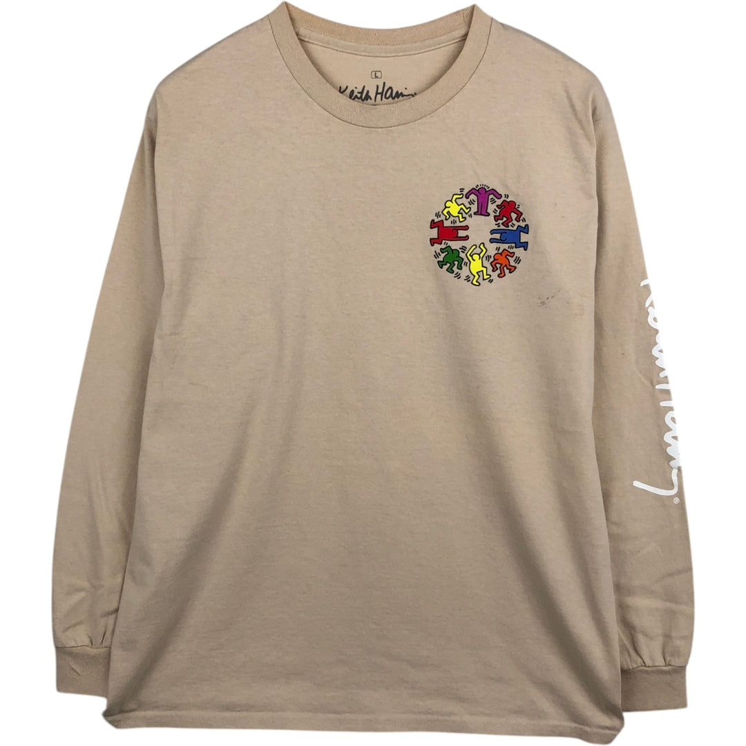 KEITH HARING Art Long-Sleeve T-Shirt (Men's Size L) cotton Beige type Vintage Second Hand