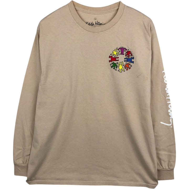 KEITH HARING Art Long-Sleeve T-Shirt (Men's Size L) cotton Beige type Vintage Second Hand