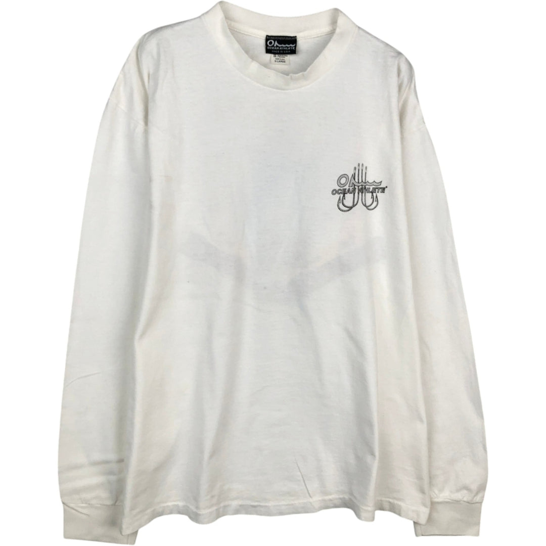 OCEAN ATHLETE Long-Sleeve T-Shirt, Made in USA, Men's Size XL (approx.) unclear white type Vintage Second Hand