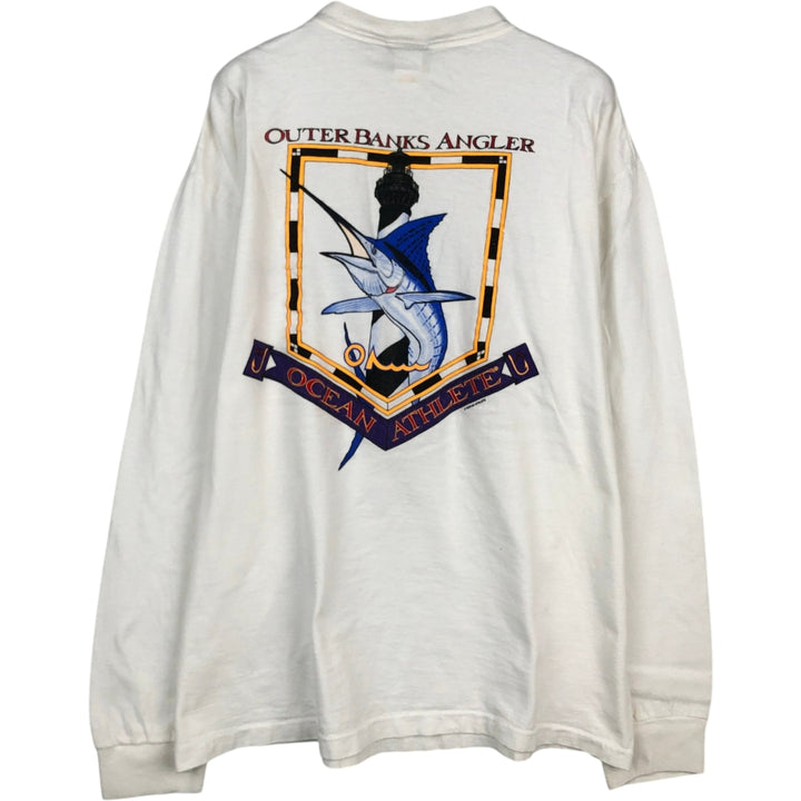 OCEAN ATHLETE Long-Sleeve T-Shirt, Made in USA, Men's Size XL (approx.) unclear white type Vintage Second Hand