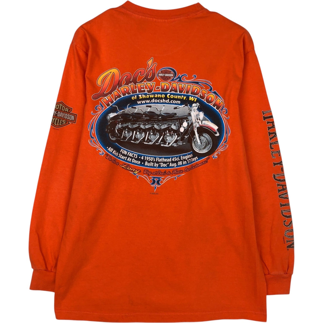 Harley-Davidson Motorcycle Long-Sleeve T-Shirt, Made in USA, Men's Size M (approx.) cotton orange type Vintage Second Hand