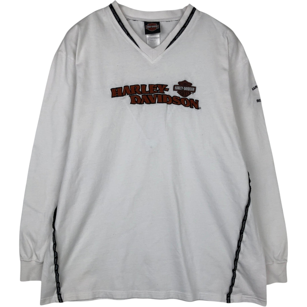 2000'S Harley-Davidson Motorcycle V-Neck Long-Sleeve T-Shirt (Men's XL equivalent) cotton white type Vintage Second Hand
