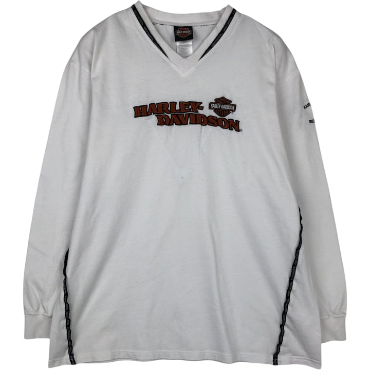 2000'S Harley-Davidson Motorcycle V-Neck Long-Sleeve T-Shirt (Men's XL equivalent) cotton white type Vintage Second Hand