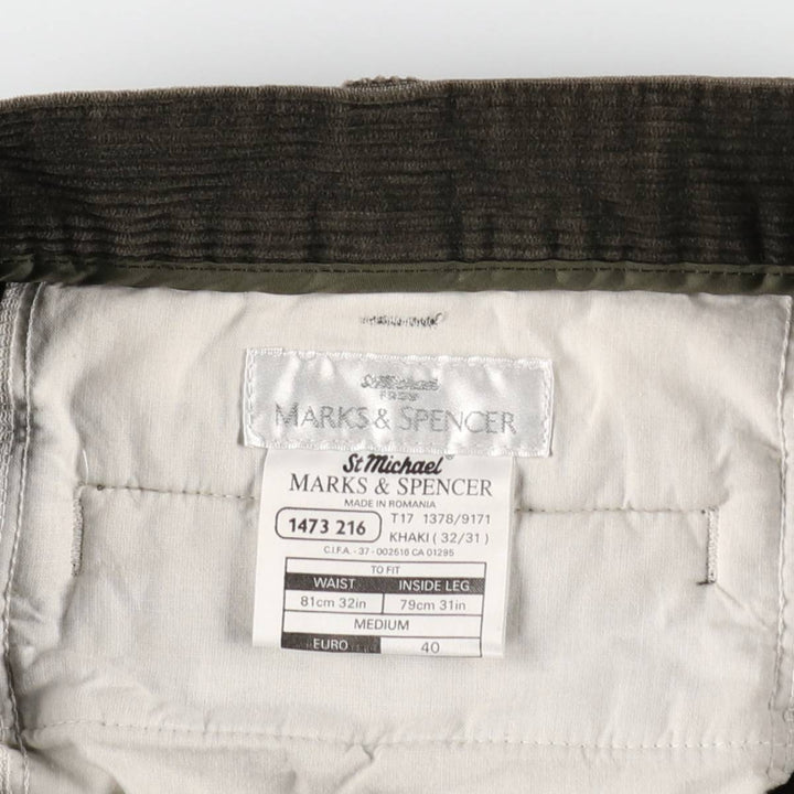 MARKS AND SPENCER ST MICHAEL Two-Pleat Corduroy Pants, Men's Size W31 (approx.) cotton Khaki type sage green Vintage Second Hand