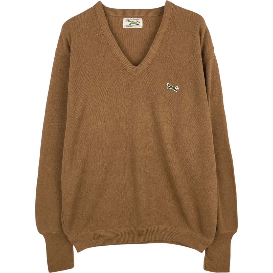 1980'S THE FOX COLLECTION JCPENNY V-neck cotton knit sweater, made in USA, men's size L equivalent, vintage. unclear brown type Vintage Second Hand