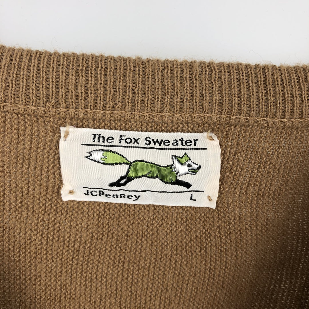 1980'S THE FOX COLLECTION JCPENNY V-neck cotton knit sweater, made in USA, men's size L equivalent, vintage. unclear brown type Vintage Second Hand
