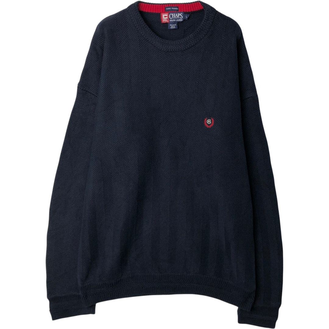 Ralph Lauren CHAPS Herringbone Cotton Knit Sweater, Men's Size L cotton navy blue type Vintage Second Hand