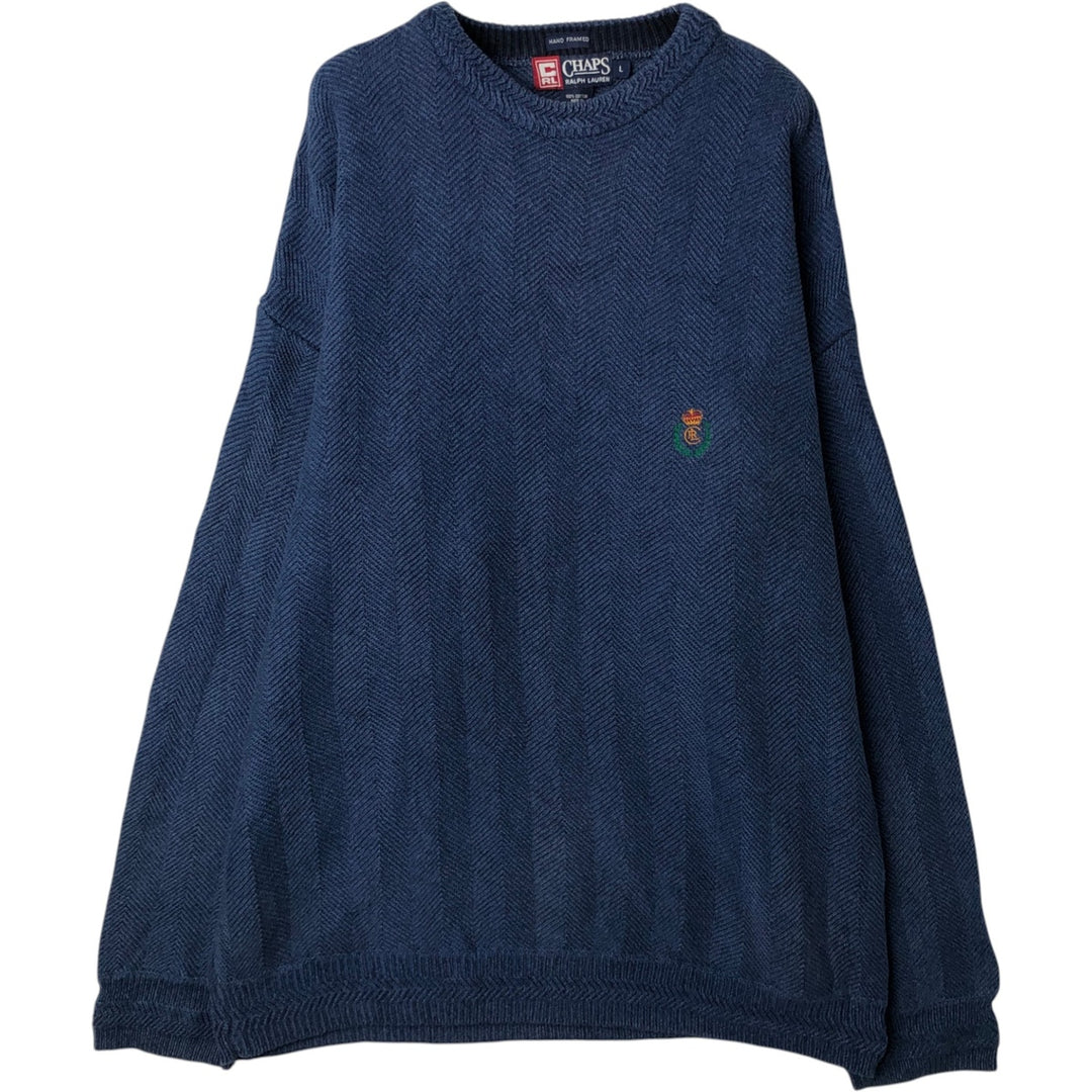 1990'S Ralph Lauren CHAPS Herringbone Cotton Knit Sweater, Men's Size L (approx.), Vintage cotton navy blue type Vintage Second Hand