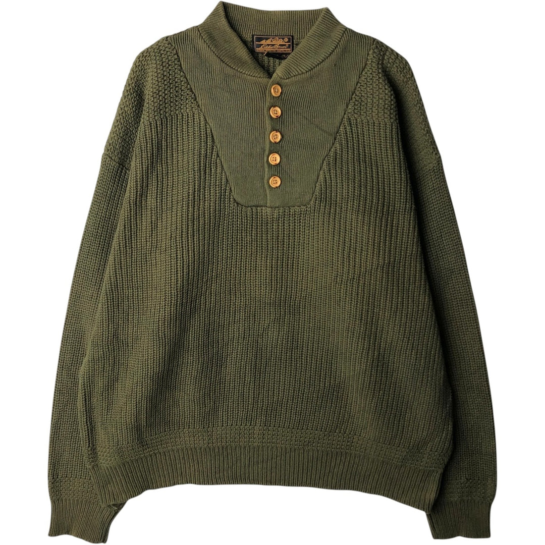 80s-90'S Eddie Bauer Black Tag Henley Neck Cotton Knit Sweater, Men's XL (approx.), Vintage cotton Khaki type sage green Vintage Second Hand