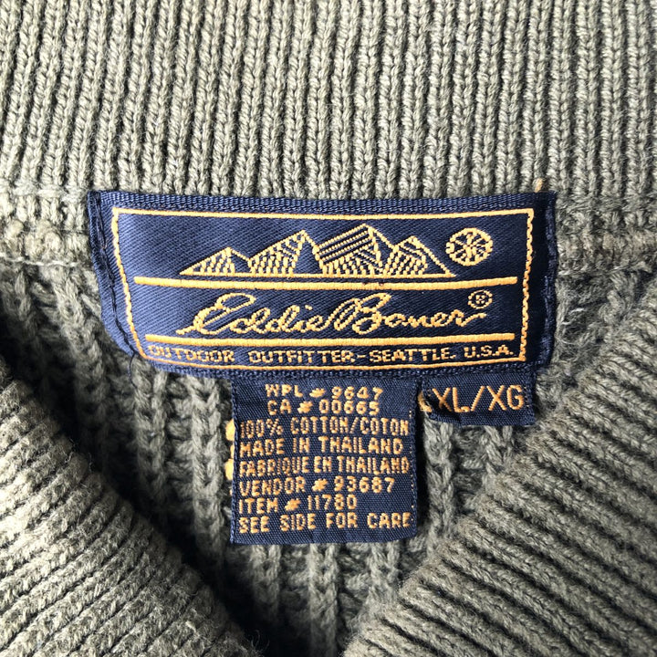 80s-90'S Eddie Bauer Black Tag Henley Neck Cotton Knit Sweater, Men's XL (approx.), Vintage cotton Khaki type sage green Vintage Second Hand