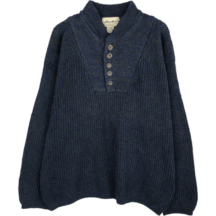 90s-00'S Eddie Bauer Henley Neck Cotton Knit Sweater, Men's Size M (Equivalent), Vintage cotton navy blue type Vintage Second Hand