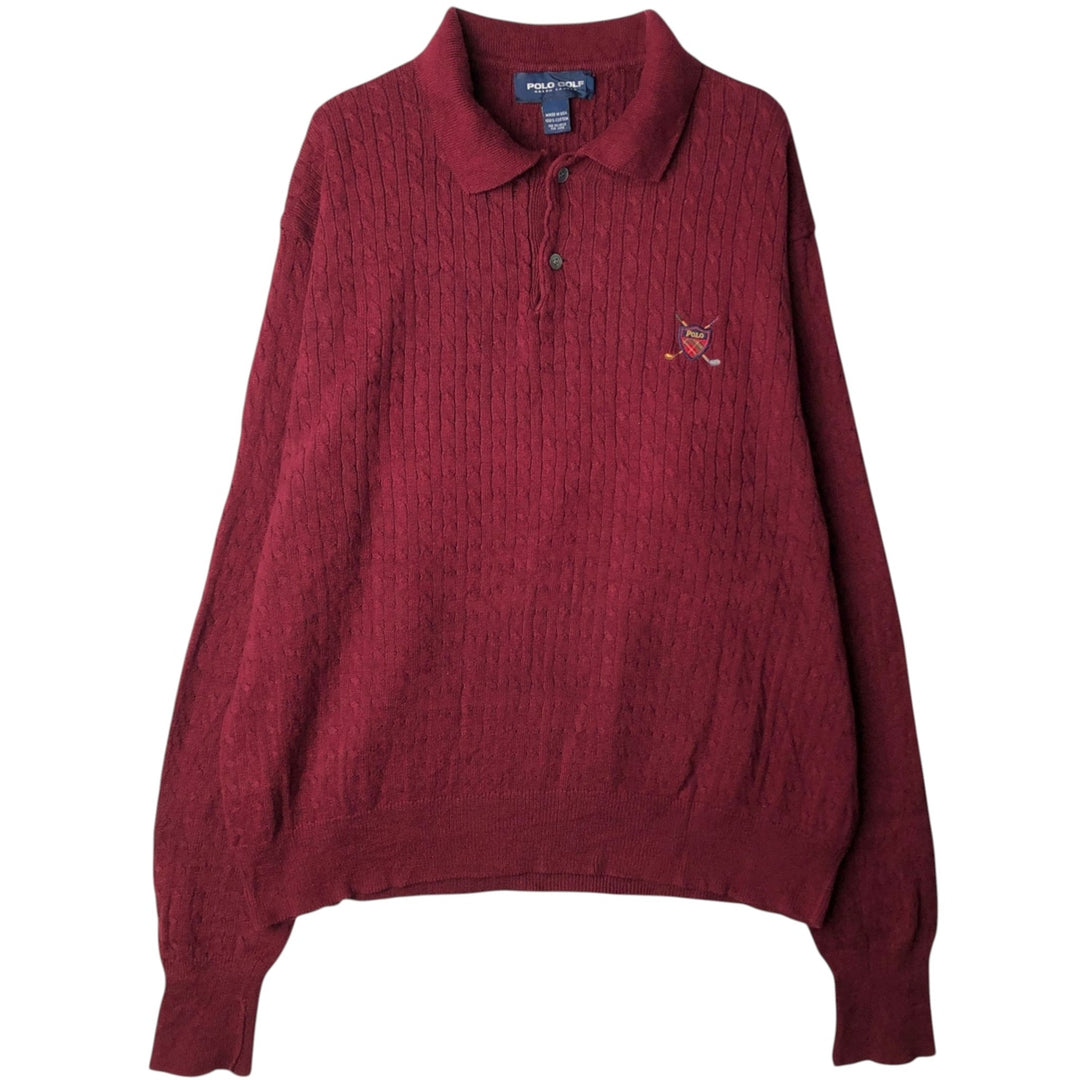 Ralph Lauren POLO GOLF Collared Half-Button Cable Knit Cotton Sweater, Made in USA, Men's XXL equivalent. cotton burgundy type Vintage Second Hand