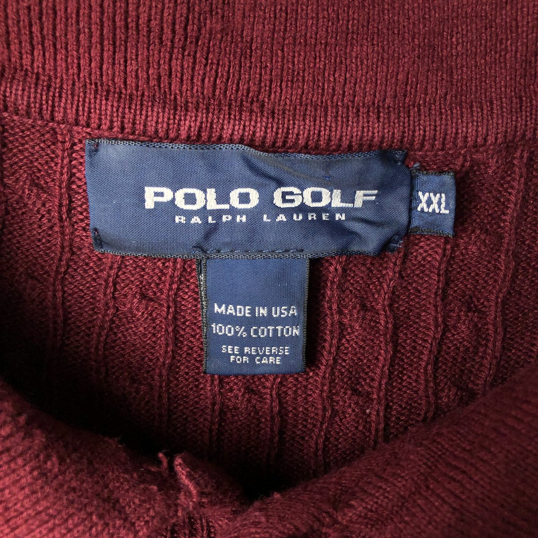 Ralph Lauren POLO GOLF Collared Half-Button Cable Knit Cotton Sweater, Made in USA, Men's XXL equivalent. cotton burgundy type Vintage Second Hand