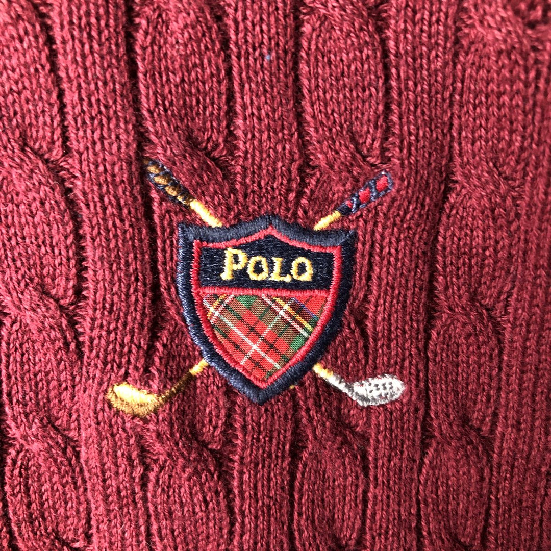 Ralph Lauren POLO GOLF Collared Half-Button Cable Knit Cotton Sweater, Made in USA, Men's XXL equivalent. cotton burgundy type Vintage Second Hand