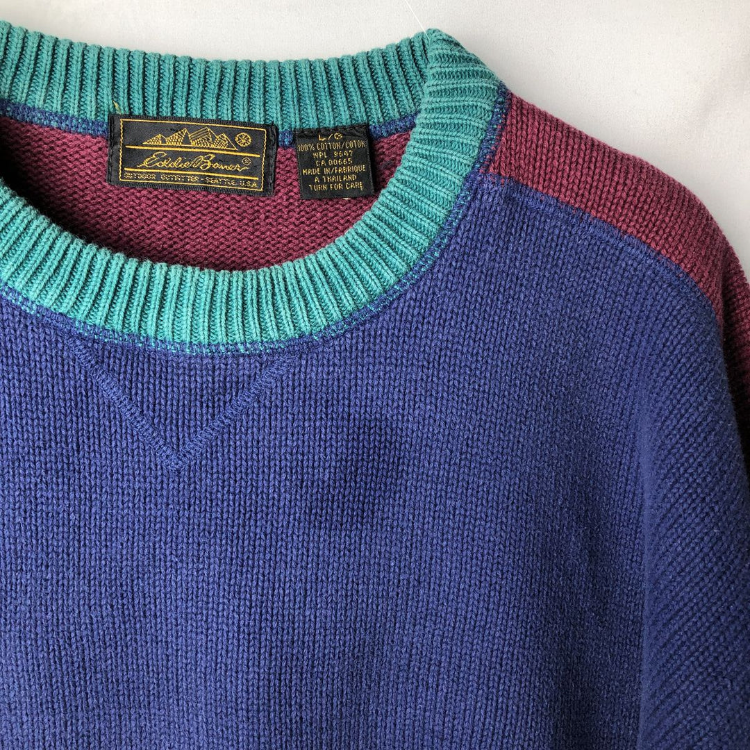 80s-90'S Eddie Bauer cotton knit sweater, men's size L equivalent, vintage. cotton blue type Vintage Second Hand