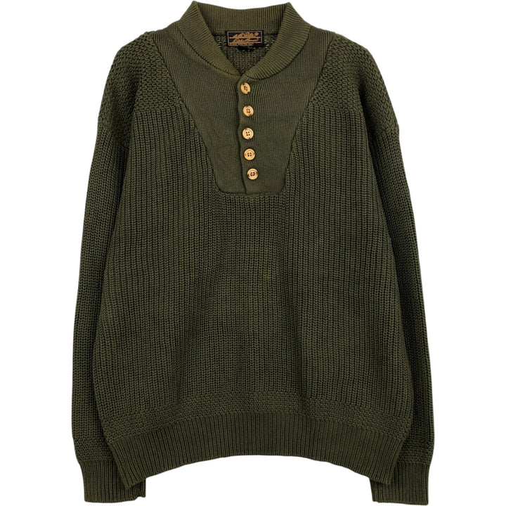 1990'S Eddie Bauer black tag ribbed henley neck cotton knit sweater, men's size M (approx.) cotton Khaki type sage green Vintage Second Hand