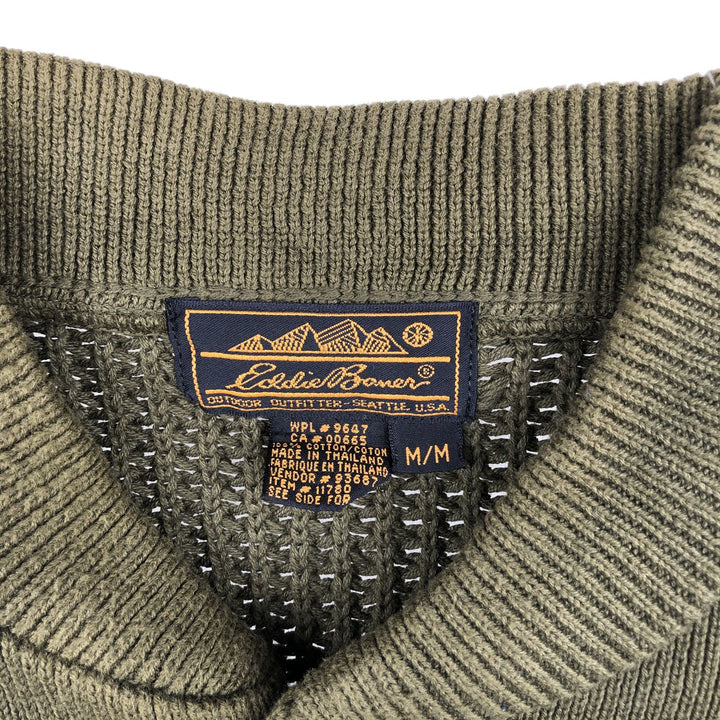 1990'S Eddie Bauer black tag ribbed henley neck cotton knit sweater, men's size M (approx.) cotton Khaki type sage green Vintage Second Hand
