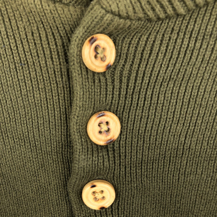1990'S Eddie Bauer black tag ribbed henley neck cotton knit sweater, men's size M (approx.) cotton Khaki type sage green Vintage Second Hand