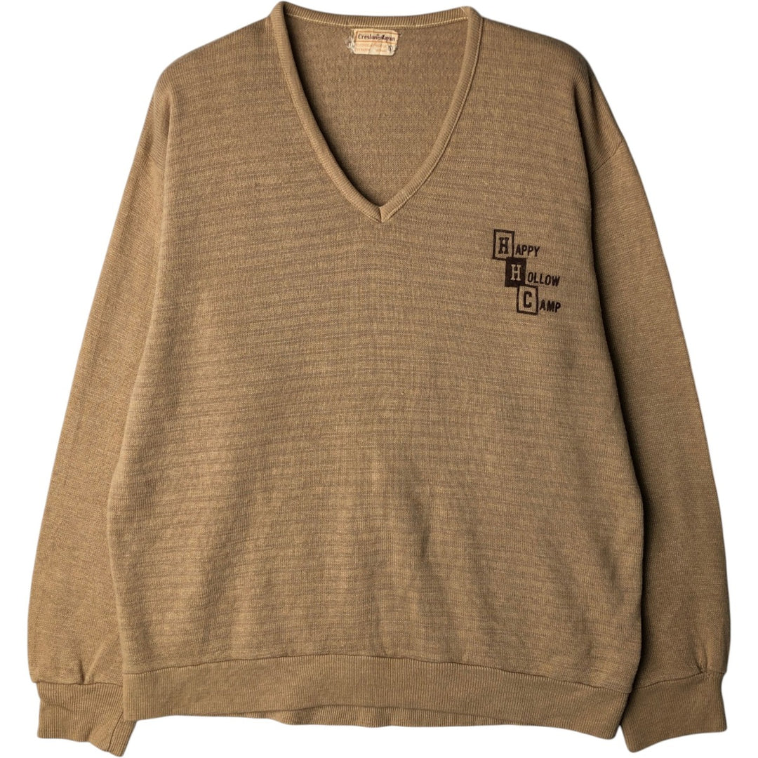 Creslan and Rayon Flock Print V-Neck Acrylic Knit Sweater (Men's Size L) V-Neck Rayon acrylic beige type brown Vintage Second Hand