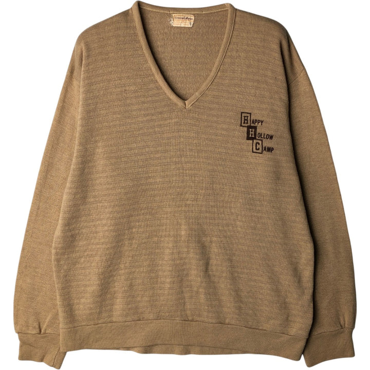 Creslan and Rayon Flock Print V-Neck Acrylic Knit Sweater (Men's Size L) V-Neck Rayon acrylic beige type brown Vintage Second Hand