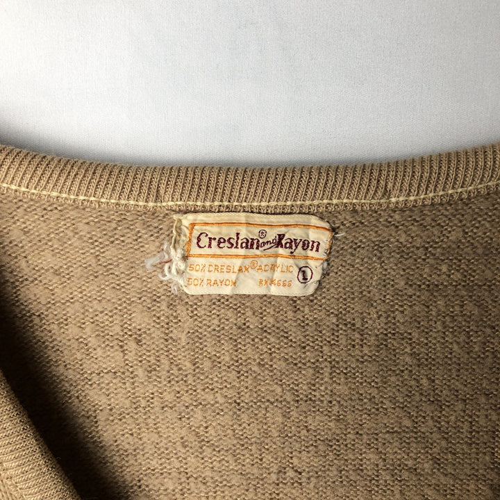 Creslan and Rayon Flock Print V-Neck Acrylic Knit Sweater (Men's Size L) V-Neck Rayon acrylic beige type brown Vintage Second Hand