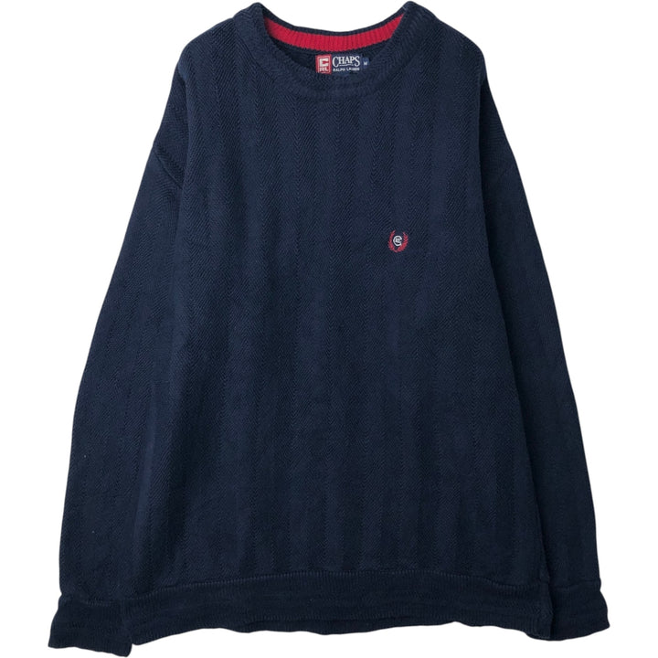 1990'S Ralph Lauren CHAPS Herringbone Cotton Knit Sweater, Made in USA, Men's Size M (approx.), Vintage cotton navy blue type Vintage Second Hand
