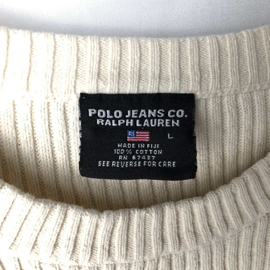Ralph Lauren POLO JEANS COMPANY ribbed cotton knit sweater, men's size L cotton ivory Vintage Second Hand