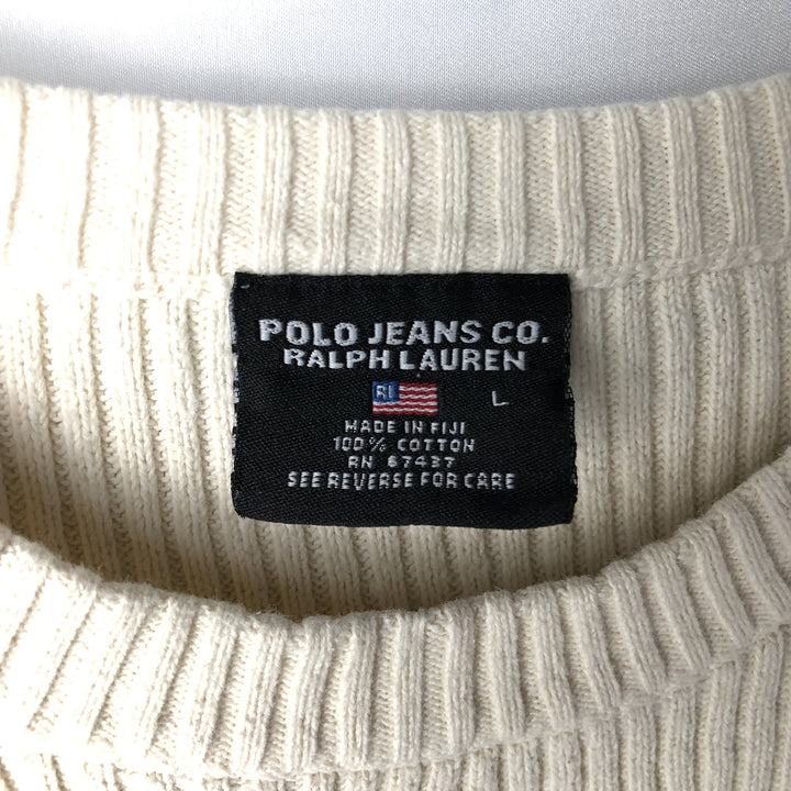 Ralph Lauren POLO JEANS COMPANY ribbed cotton knit sweater, men's size L cotton ivory Vintage Second Hand