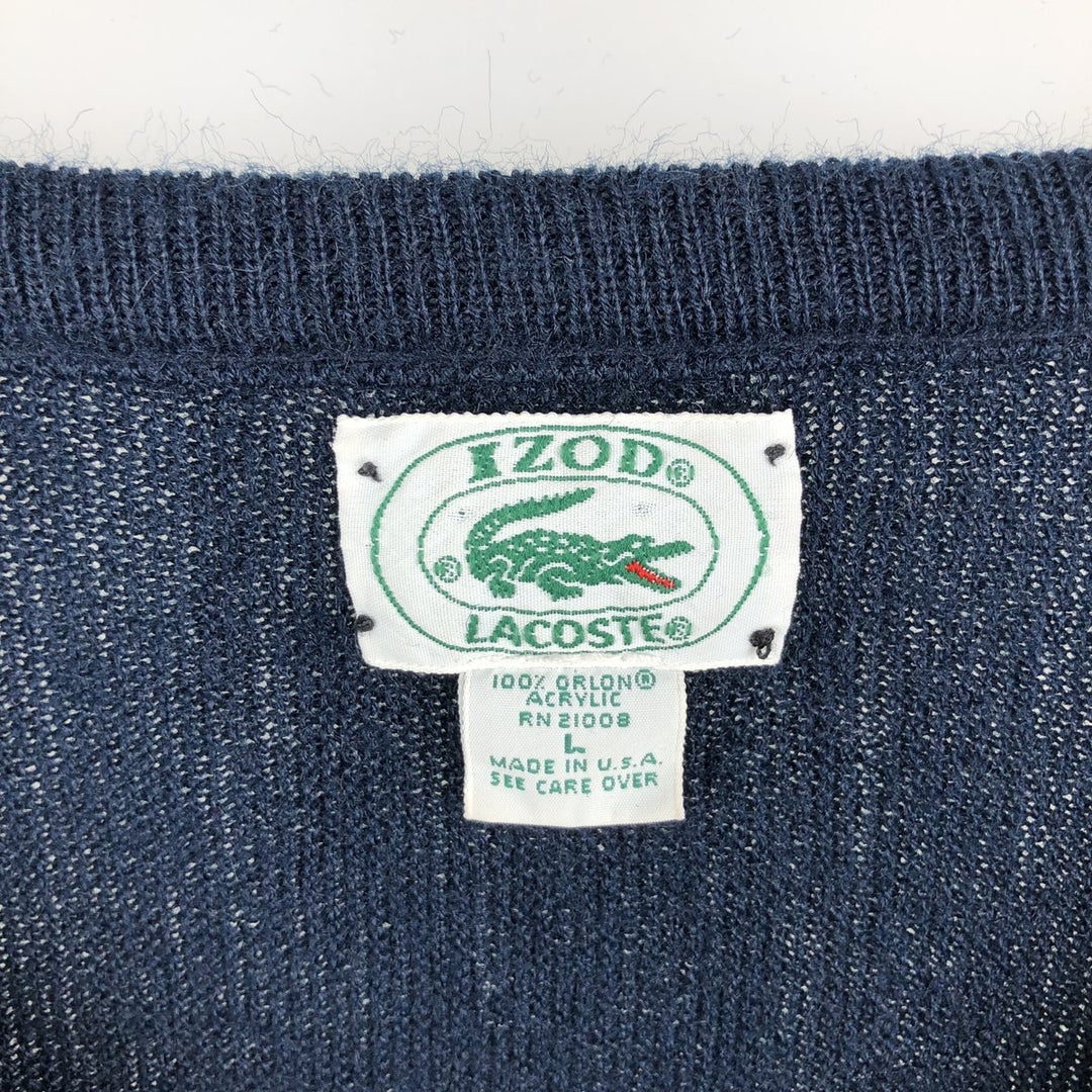 Lacoste IZOD V-neck acrylic knit sweater, made in the USA, men's size L equivalent. Oron Acrylic navy blue type Vintage Second Hand