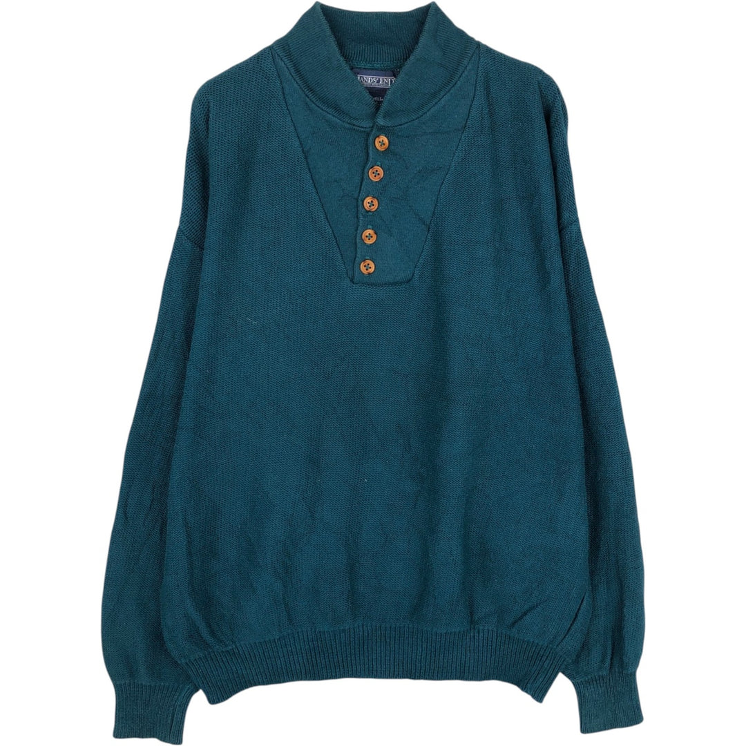 80s-90'S Lands' End Acrylic Knit Half-Button Sweater, Made in USA, Men's Size L (Equivalent), Vintage cotton turquoise blue Vintage Second Hand