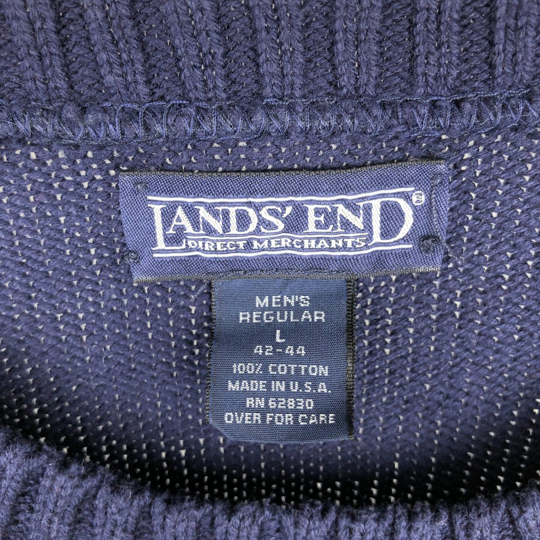 1990'S Lands' End Cotton Knit Sweater, Made in USA, Men's Size L (approx.), Vintage cotton navy blue type Vintage Second Hand