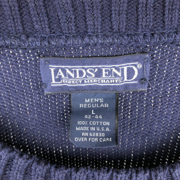 1990'S Lands' End Cotton Knit Sweater, Made in USA, Men's Size L (approx.), Vintage cotton navy blue type Vintage Second Hand