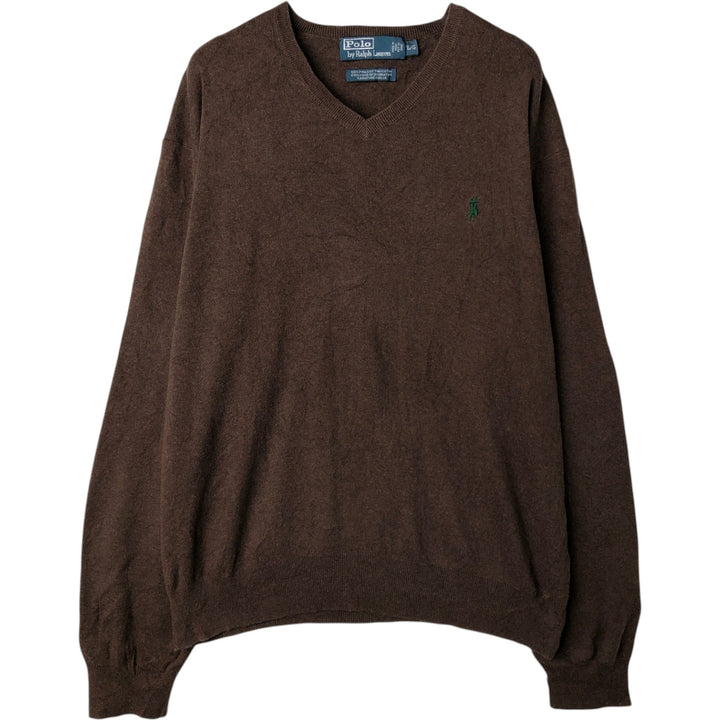 Ralph Lauren POLO by Ralph Lauren V-neck Pima cotton knit sweater, men's size L Pima Cotton brown type Vintage Second Hand