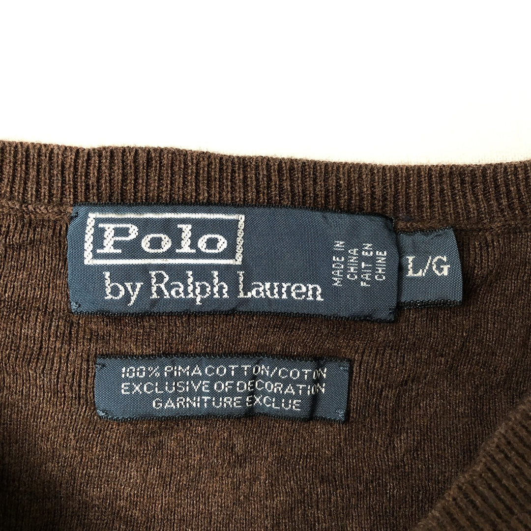 Ralph Lauren POLO by Ralph Lauren V-neck Pima cotton knit sweater, men's size L Pima Cotton brown type Vintage Second Hand