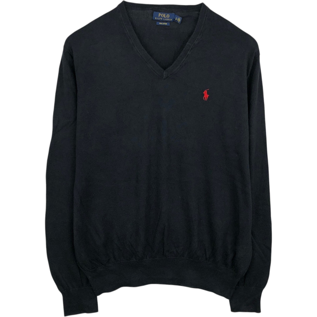 Ralph Lauren POLO RALPH LAUREN V-neck Pima cotton knit sweater, men's size L Pima Cotton black type Vintage Second Hand